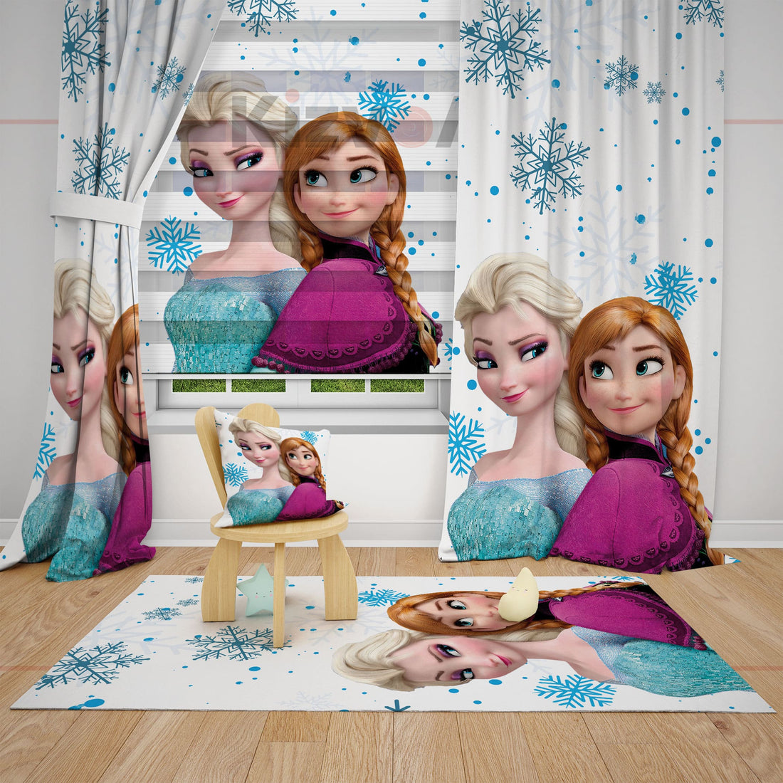 Anna ve Elsa Frozen Kız Çocuk Fon Perde
