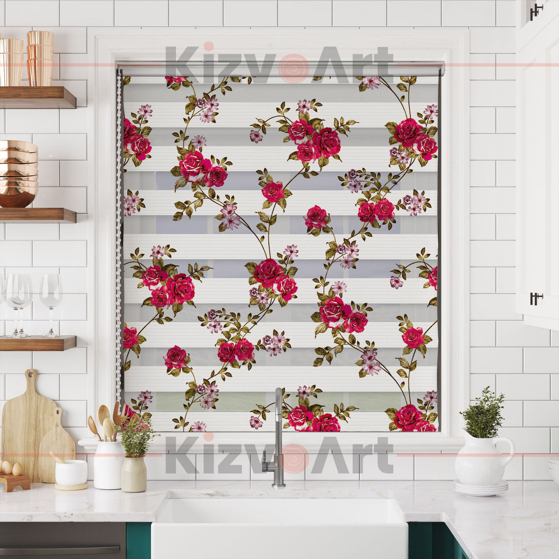 Kırmızı Güller Çiçekli Mutfak Zebra Perde
